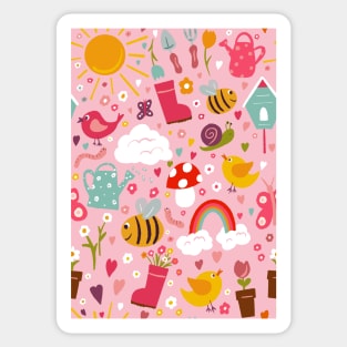 Garden Fun repeat pattern on a pink background Sticker